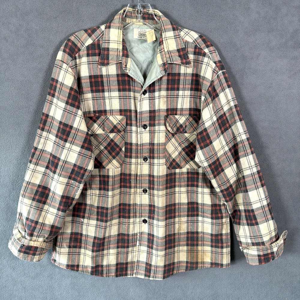 Vintage Sears Mens Flannel Jacket Large Plaid Perma Prest USA Workwear 60's 70's